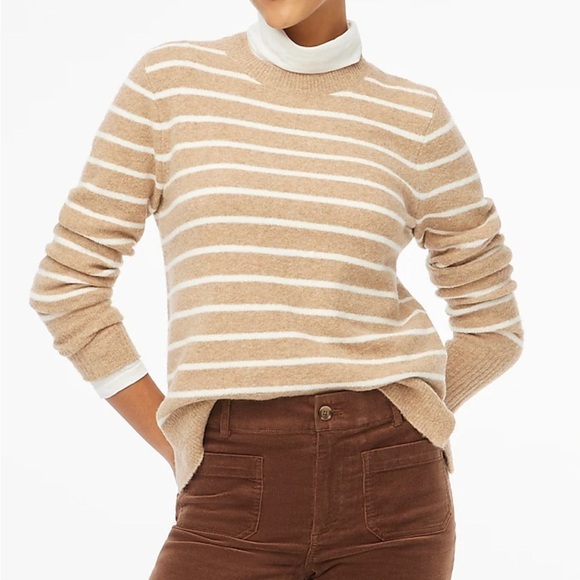 J crew heather mushroom ivory Striped crewneck sweater in extra-soft yarn - Picture 1 of 5